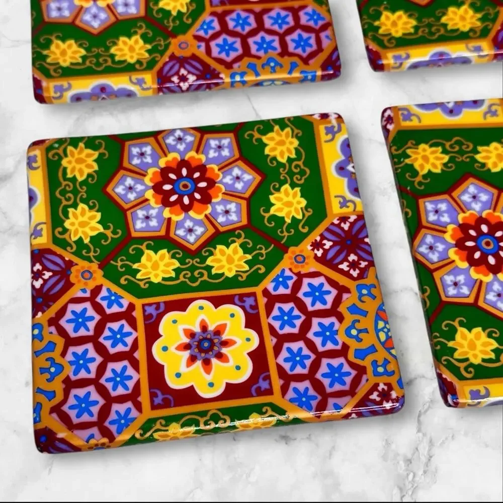 Ceramic Tile Coasters Colorful Talavera-Style Geometric Drink Floral Boho Set 4